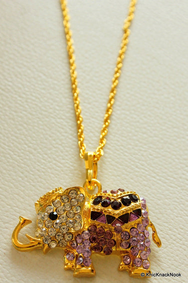 Gold Tone Black, Purple And Clear Rhinestones Pendant, Elephant Pendant